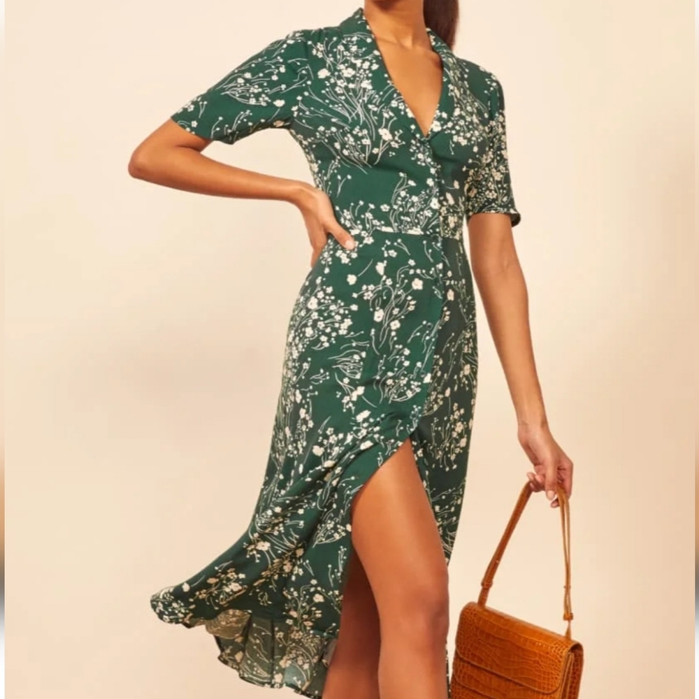 Reformation Rocki Lake Green Floral Midi Button Front Short Sleeve Dress Size 0